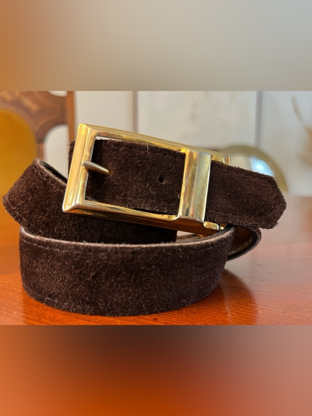 Vintage Canada Belt Dark Brown Suede Leather Gold Buckle Size Medium